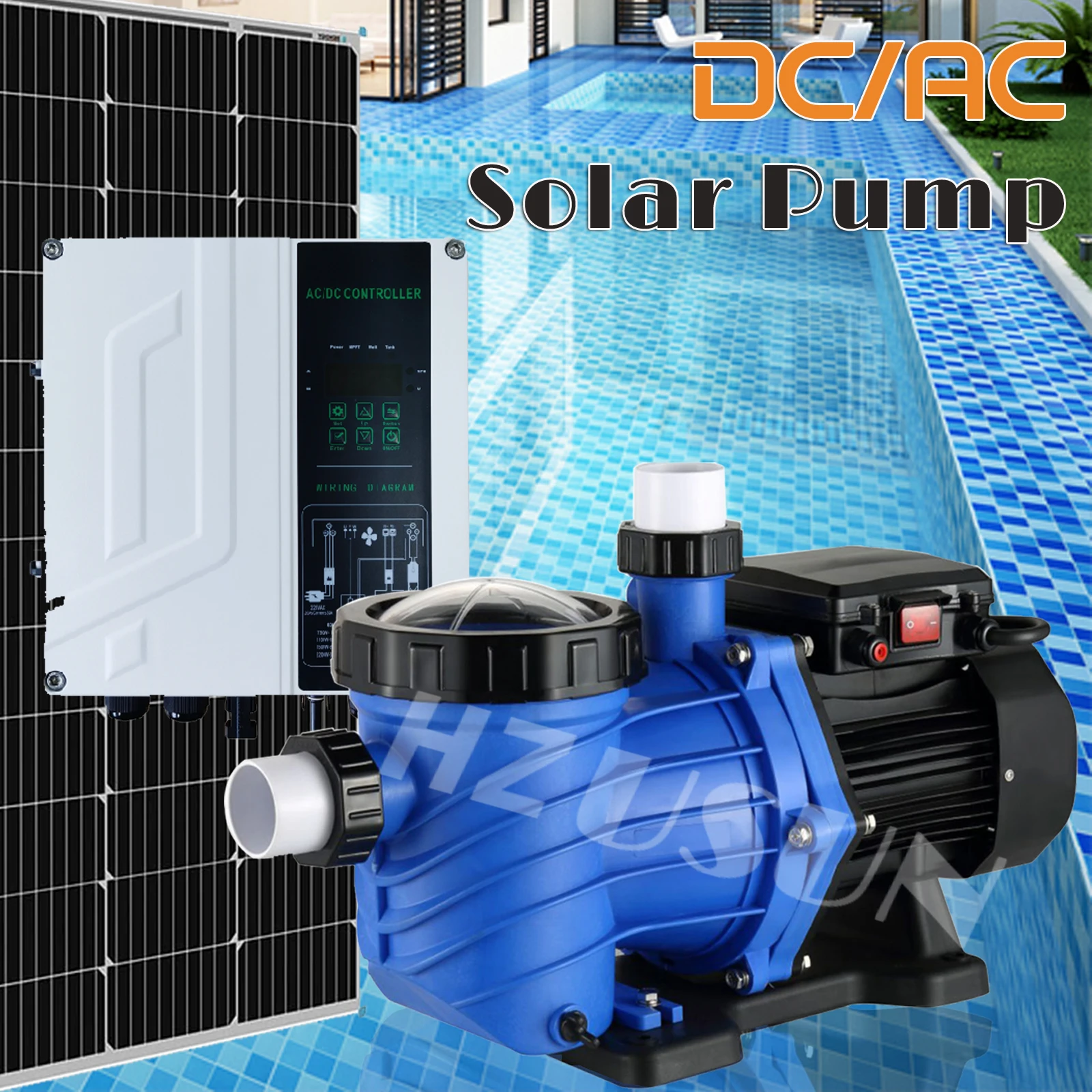 

2 Horsepower Solar Electric Hybrid Swimming Pool Booster Pump Utility Grid Solar Powered AC DC 24/7 Runtime 2 HP Pool Pump Set