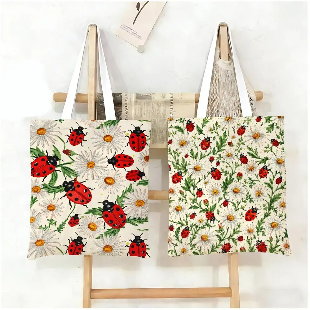 Bolsas de almacenamiento con diseño de mariquitas y margaritas, bolso de lona para mujer, bolso de hombro de compras reutilizable de gran capacidad, bolso diario