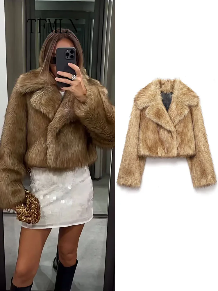 

Vintage Women Faux Fur Cropped Coats 2025 Autumn Winter Causal Notched Long Sleeve Chic Jackets Retro High Street Solid Outwear