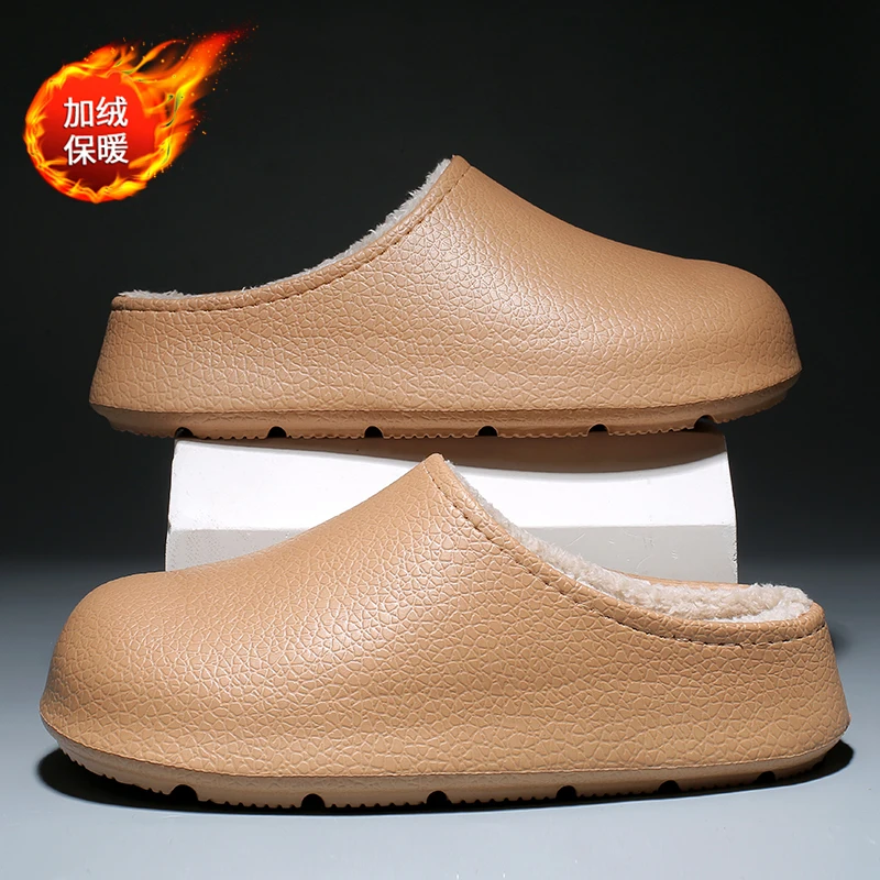 

Mens Waterproof Winter Slippers Couple Plush Warm House Shoes Indoor Outdoor Soft Comfortable Lined Leather Pattern Men Shoes
