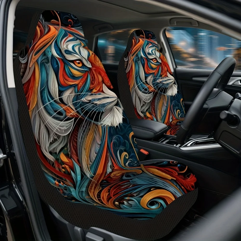 2pcs Abstract Tiger Print Car Seat Covers Compatible For Front Seats, Soft With Tiger Stripe Patterns, Fit For, Trucks, SUVs - E