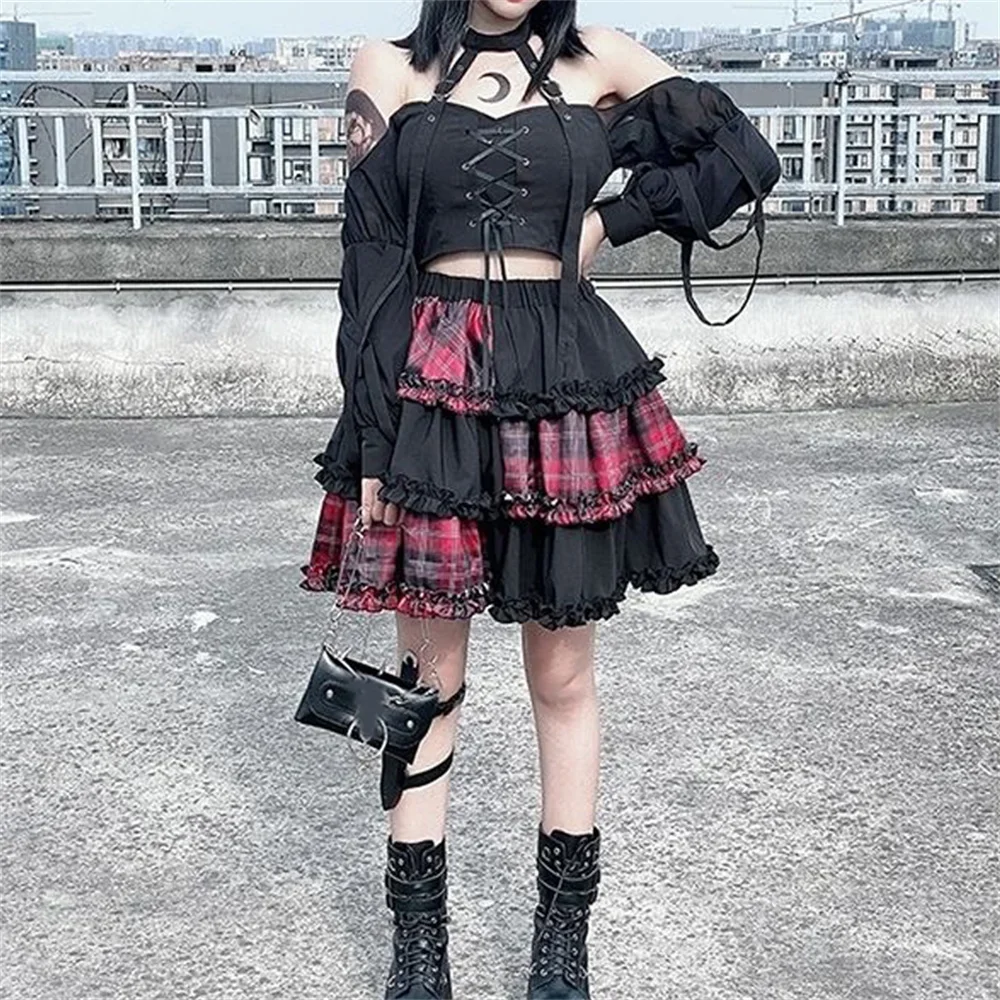 Black Red Rock Harajuku Kawaii Lolita Pleated Skirts 2025 Hot Girl Plaid Print Patchwork Punk Skirt Lolita Fairy Grunge Skater