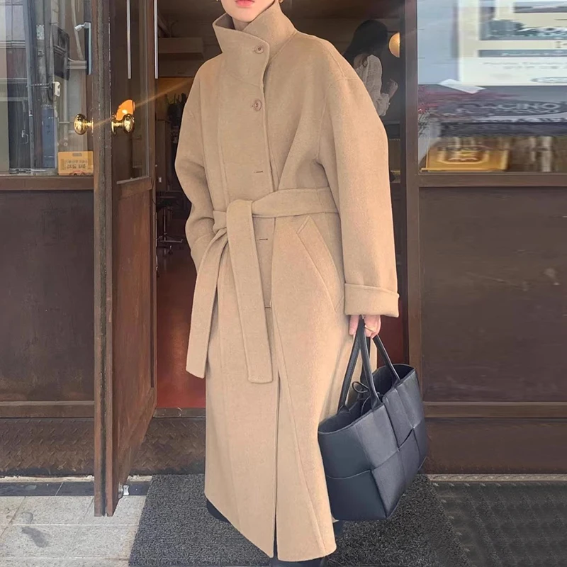 Chic Autumn Winter Women's Woolen Coat Stand Collar Long Sleeve Slim Fit Single Button Waist-Cinching Outerwear Korean Style