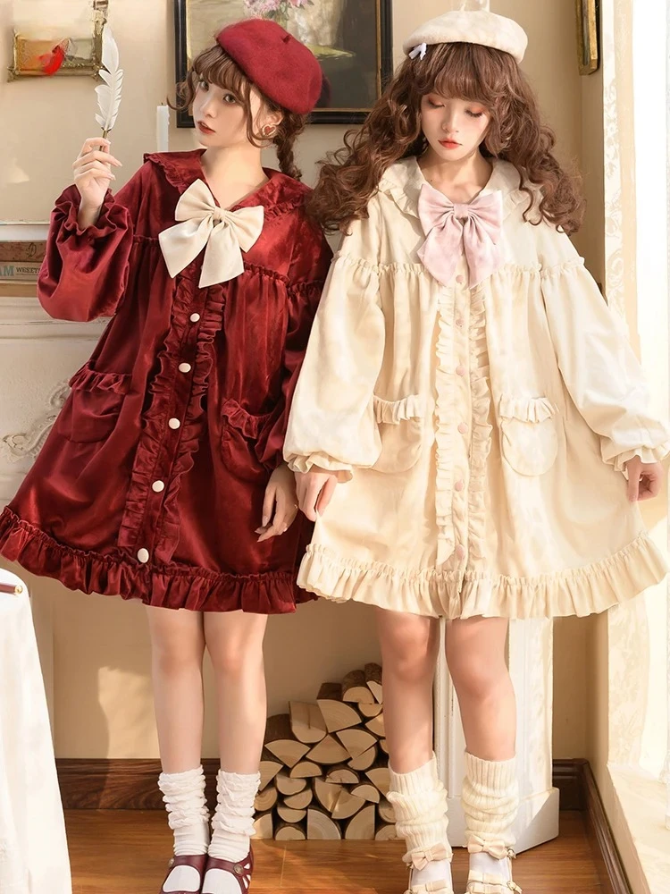 

Lolita Cloak Type Woolen Coat Autumn and Spring Women's Cute Girl All-Matching Solid Color Doll Collar Mid-length Coats 2025