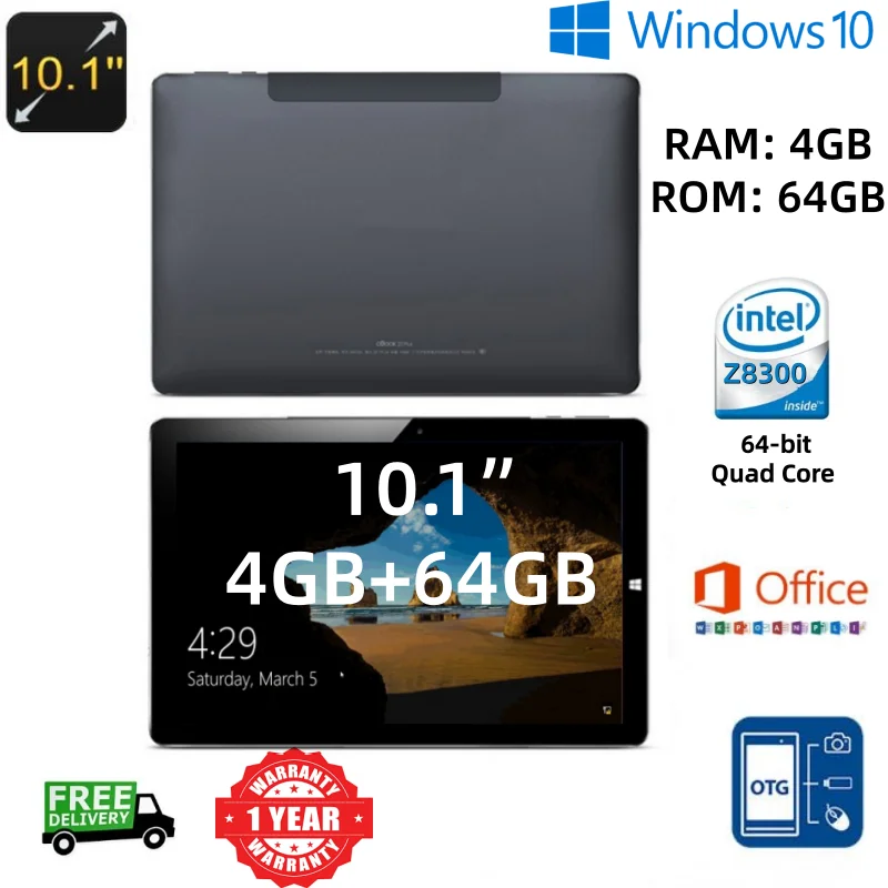 OBook Tablet PC de 10,1 Polegadas com Windows 10, 64 bits, 4GB de RAM, 64GB de ROM, CPU Intel X5 Z8300 Quad Core, 1920x1200 IPS, WIFI, Porta Micro HDMI