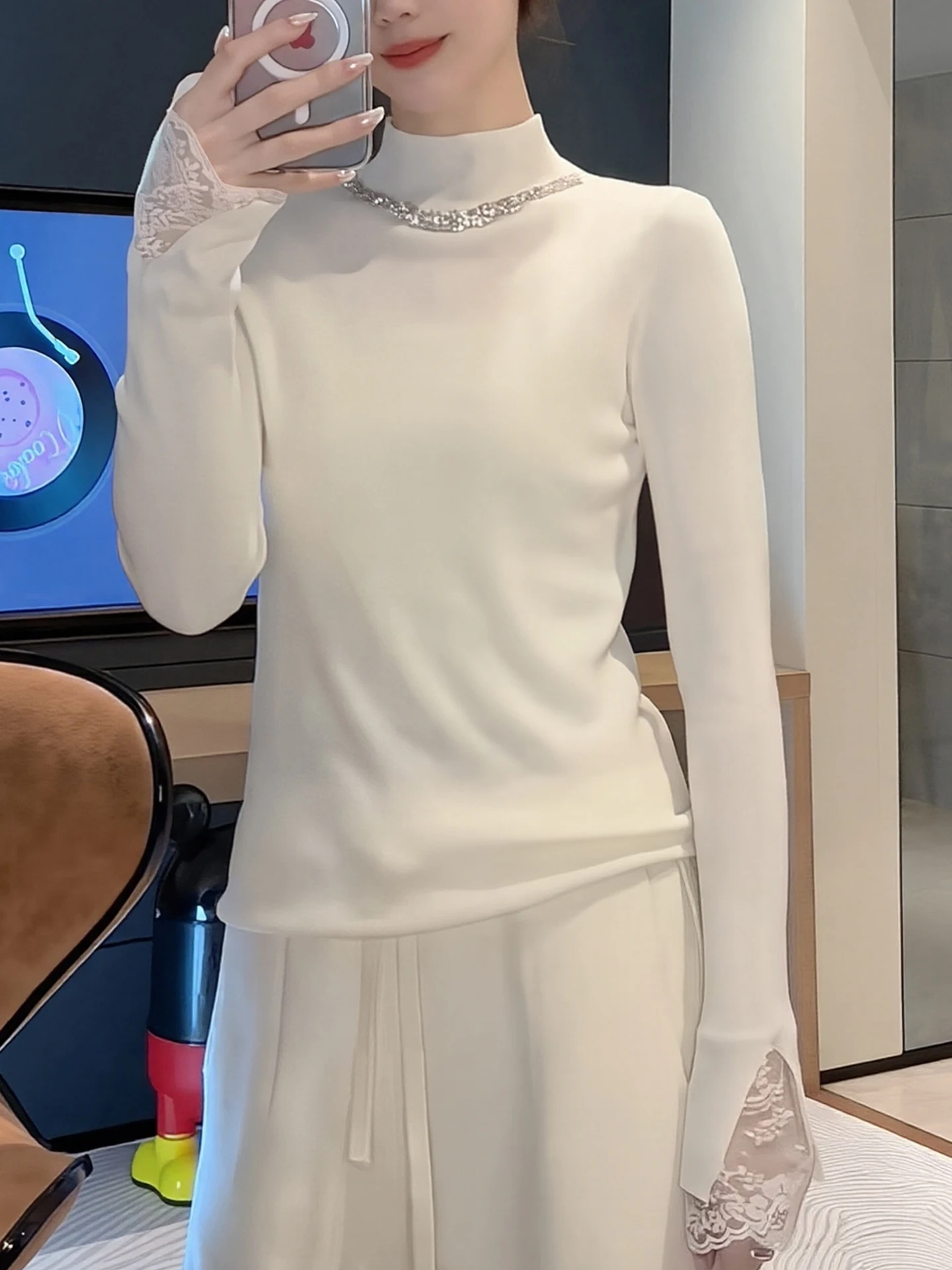 Lace Splice f High Collar Knitted Sweater Long Sve Faionable Winter Inner Wear Top Ele Women's Korean Sle Strai...