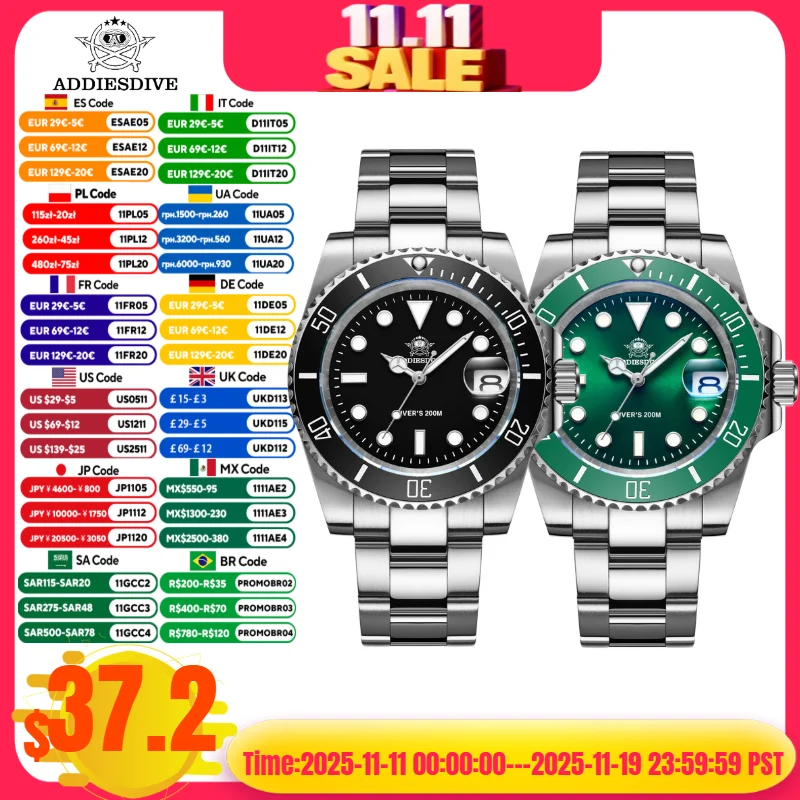 

ADDIESDIVE Diver Watch European and American Business Leisure 200M C3 Super Luminous Sport Luxury Reloj Hombre Men Quartz Watch