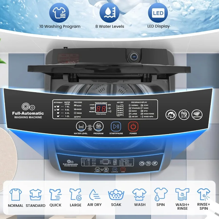 غسالة محمولة بوزن 17.8 رطل، غسالة غسيل مدمجة أوتوماتيكية بالكامل مع شاشة LED، 10 برامج غسيل و8 مستويات مياه 2
