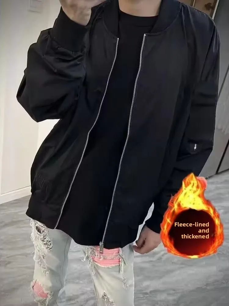 

Men's Flight Jaet Autumn Winter Fce Lined Warm Baseball Sle Retro Bla Casual Top Coat Loose Fit Youth Faion