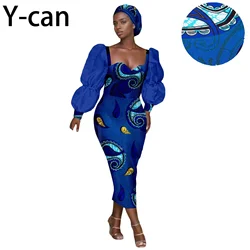 African Women Dresses Elegant Party Dress Dashiki Ankara Print Puff Sleeve Slim Dress with Headscarf African Clothing 2425181