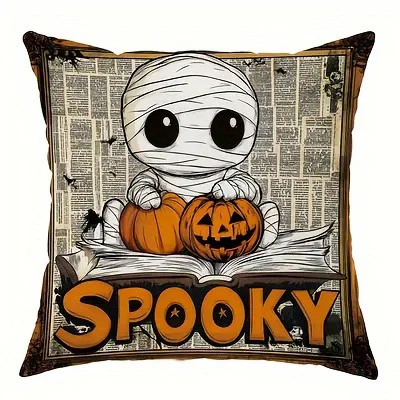 ديكور ديل هوغار: Funda de cojín con patron de linterna de calabaza y gato espeluznante de Halloween، Adekara para sofá