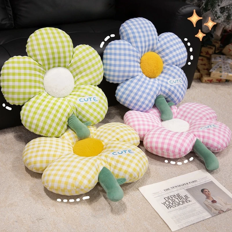50cm Cute Grid Flower Plushies Lovely Stuffed Pink Blue Yellow Flower Throw Pillow Sofa Bed Chair Cushion Home Decor Gifts Girl