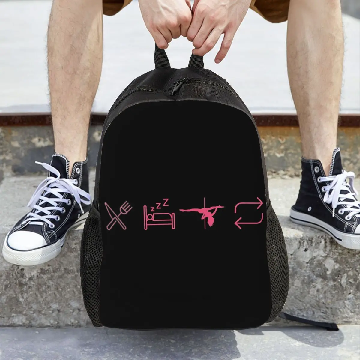 

Eat, Sleep, Pole Dance, Repeat Black Icons Backpack Hot Sale Daypack Children BookBag School Bag Shoulder Bags for Men Women