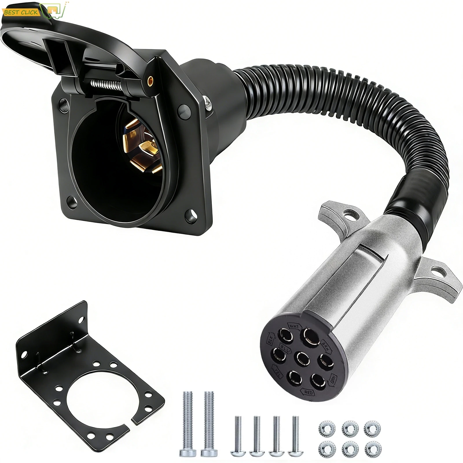 For Semi Truck Tractor 7-Pin Round to 7-Blade RV Trailer Wiring Harness Adapter with Weatherproof Connector