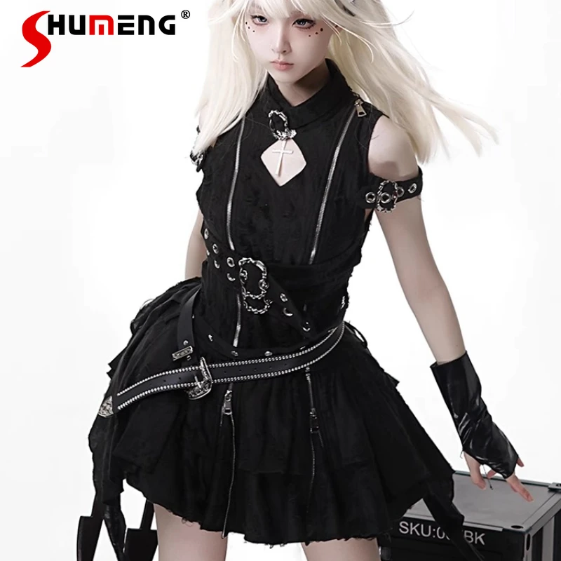 

Women's Summer Vestidos Original Lolita Female Daily Dark Black Gothic Cosplay Lolita Japanese Cool Slim Fit High-waisted Dress