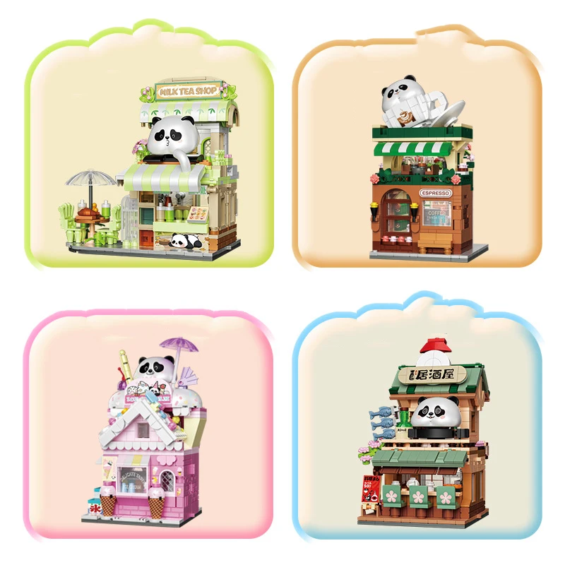 City Street View Idea Mini Block Cartoon Panda Ice Cream Coffee Shop Streetscape Construction Building Brick Cafe Toy For Gifts