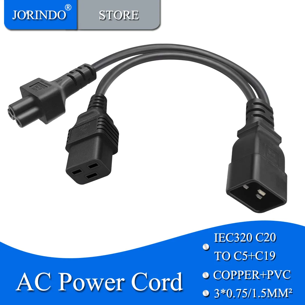 IEC320 C20 plug to C5+C19 doule socket PDU/UPS AC power conversion cable,C5/C19 3 holes female socket to C20 plug,0.3M