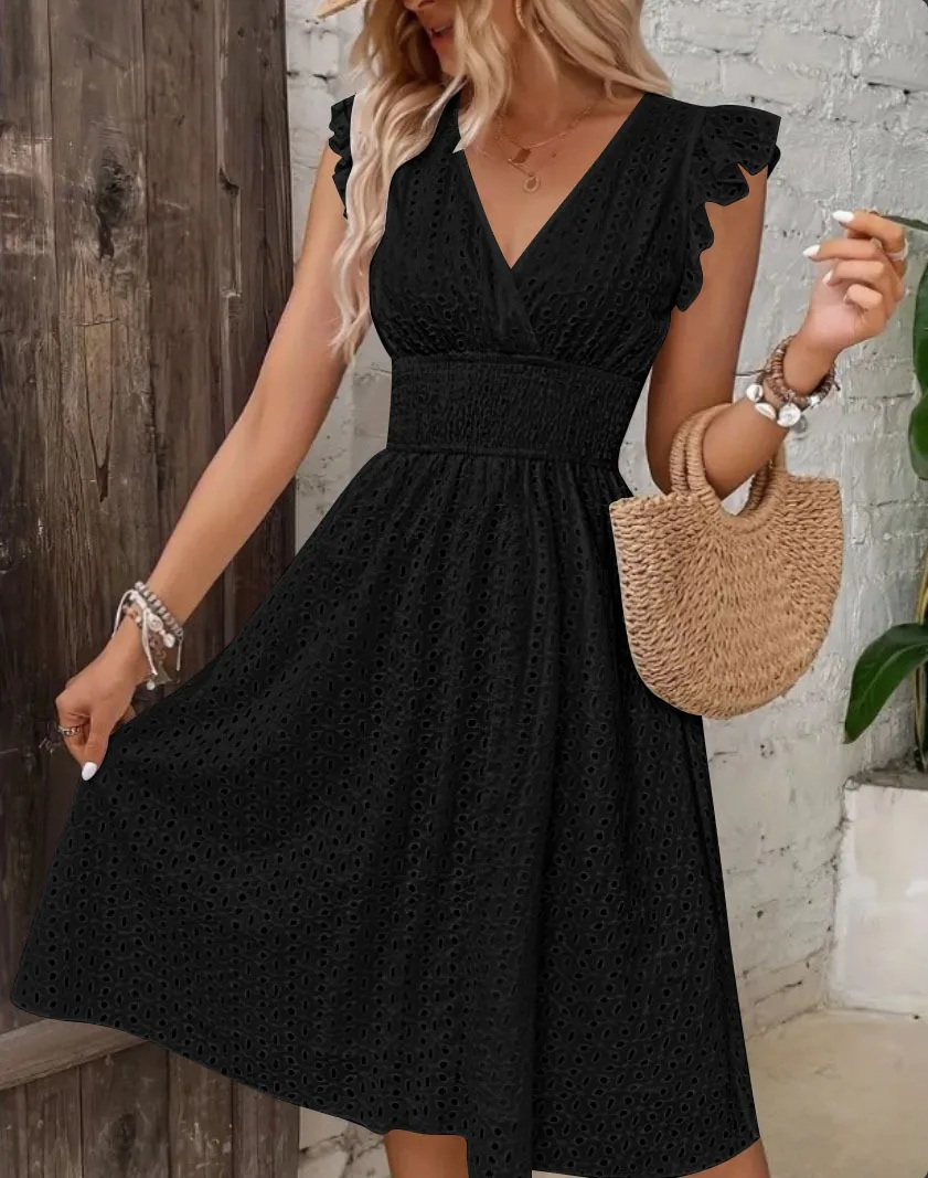 Grenzüberschreitendes Kleid mit Lotusblattärmeln, ausgehöhlter, bestickter Sommeroverall mit V-Ausschnitt für Damen, mittellanger Rock