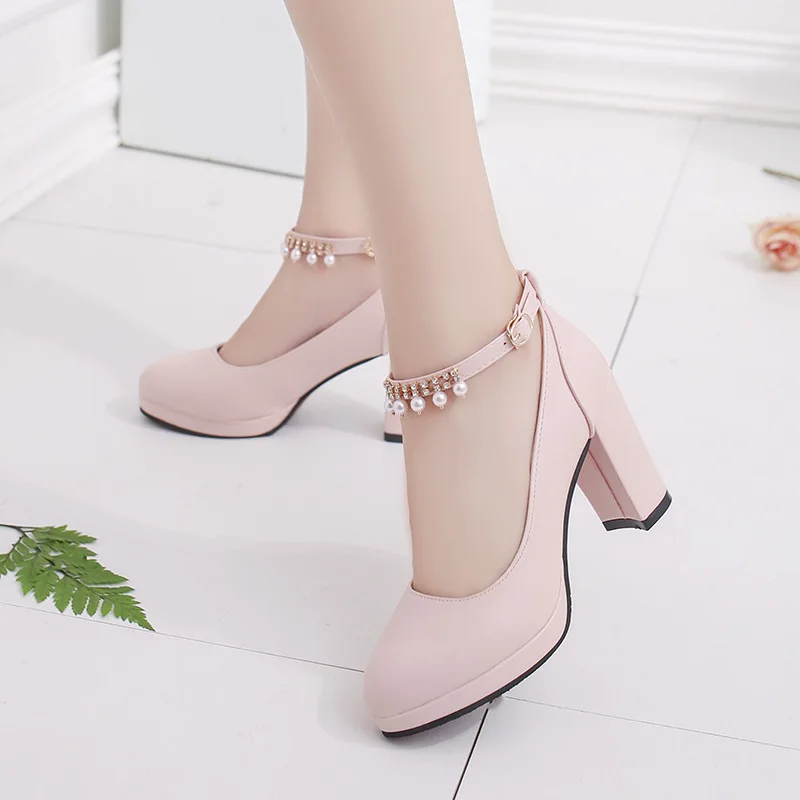 Women\'s Wedding Shoes String Bead Ankle Strap Elegant Middle High Heel Dress Platform Bridal Pearl Pumps 8cm 2023 Autumn Leather