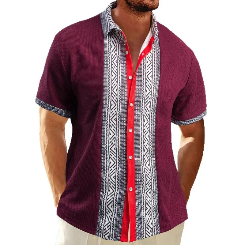 

2025 Summer New Men's Waffle Casual Lapel Spliced button Short-sleeved Shirt Fashionable Versatile Top