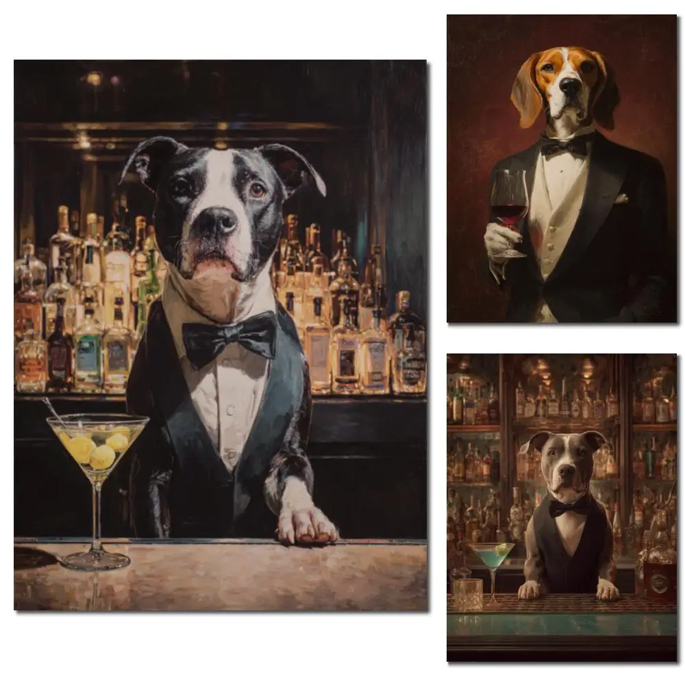 Dog Bartender HD Canvas Prints Realist Modern Canvas Poster Art Pitbull Funny Animal Picture for Pub Lounge Bar Wall Decor