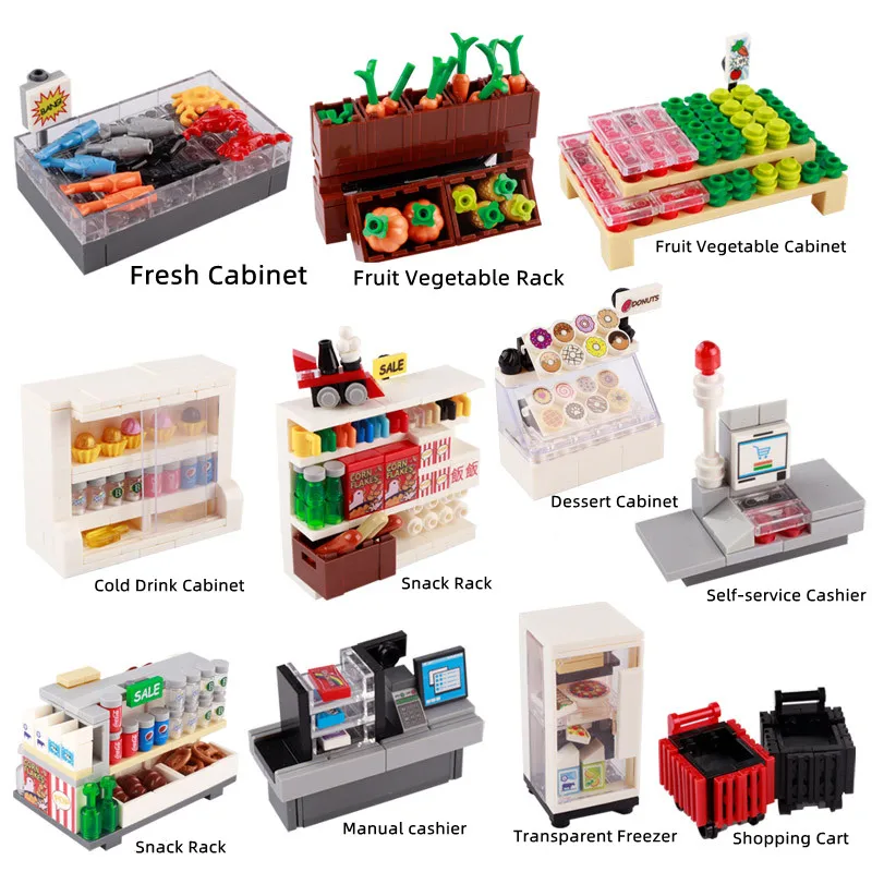 MOC City Supermarket Building Blocks Fruit Instant Noodles Seafood Snacks Cashier Counter Refrigerator Accessories Toy Kids J060