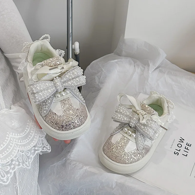 Kids'Casual Shoes Sneakers Pearl PU Leather Spring Shoes For Girls Anti-slip Breathable Soft Bottom Pink Beige Shoes Size 26-37