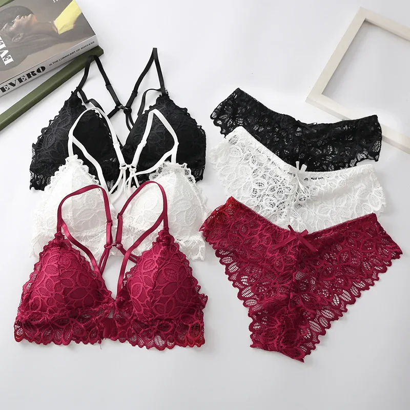 Roupa interior sexy de renda para mulheres, Bralette sem costas, sutiã sensual, cuecas lingerie, calcinha baixa, intimidade feminina