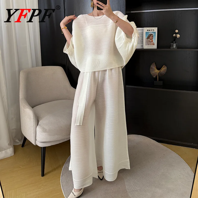 

YFPF Versatile Women Pleated Casual 2 Piece Set For Women Batwing Sleeve Blouse + Bandage Waist Wide Leg Trousers 2025 New 3A346