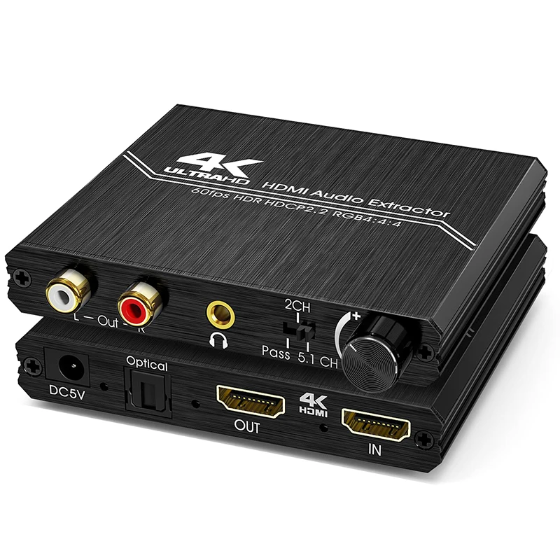 4K 60Hz HDMI Audio Extractor 5.1CH HDMI to Optical SPDIF + 3.5mm Stereo + RCA L/R Audio Extractor with Volume Control HDCP 2.2