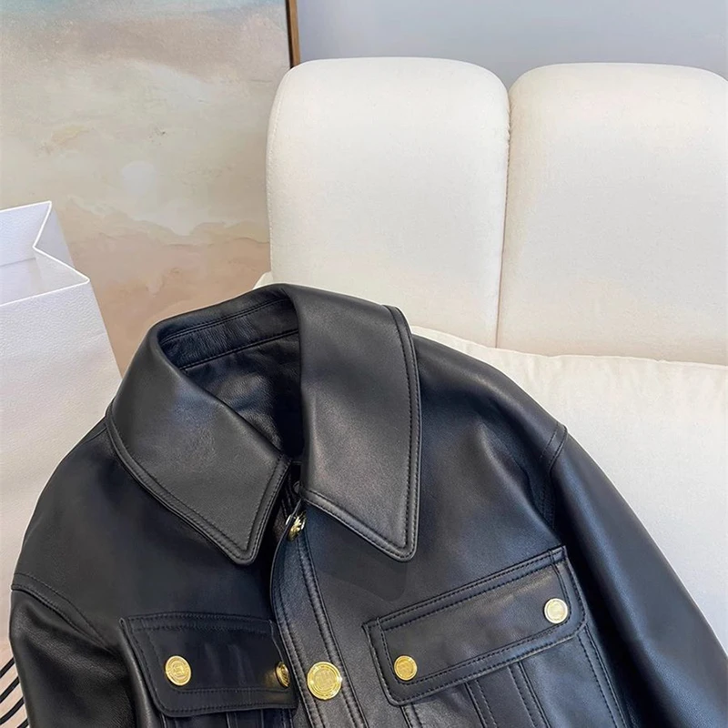 Chic Black Lapel Women Jacket Gold Buttons Flap Pockets Moto Short Coat Cropped Ribbed Trim Y2K Biker Streetwear Outerwear Top