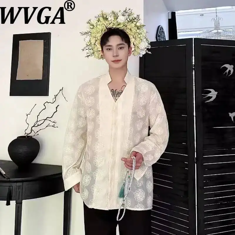 WVGA Summer New Men Embroidered Floral Stand Collar Long Sleeved Shirts Personality Sheer SunProof Niche Chic Casual Tops W25790