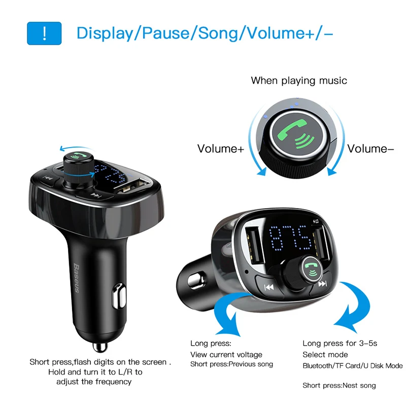 Baseus Bluetooth Car FM Transmitter Music Adapter Dual USB 3.4A Fast USB Car Charger Handsfree Bluetooth Modulator MP3 Player