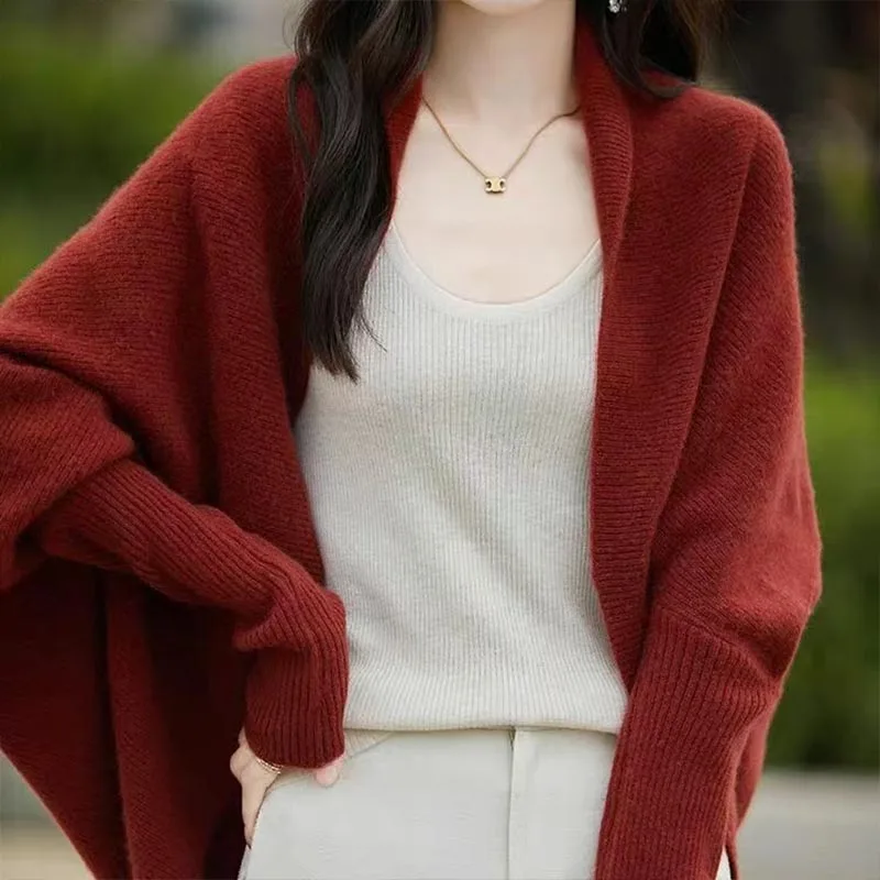 

Женская одежда, элегантный модный однотонный вязаный кардиган, осень-зима, новый повседневный свободный шаль с рукавами «летучая мышь», свитера, женские топы Y2k