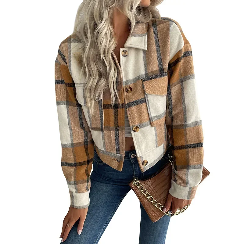 2024 Print Plaid Turn Down Collar Women Full Sleeve Cardigan Short Coats Autumn Winter Single Breasted Button Regular Jackets