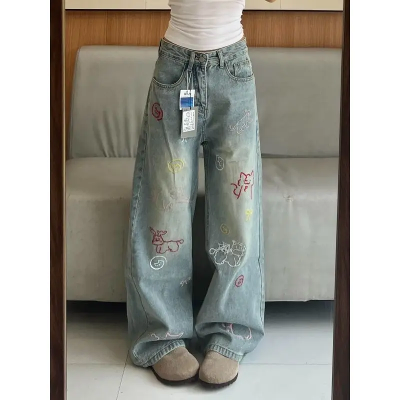 Amerykańskie spodnie jeansowe damskie w stylu high street, jesienne, nowe, z haftem z motywami z kreskówek, z wysokim stanem, luźne, z szerokimi nogawkami, wyszczuplające, vintage, długie jeansy.