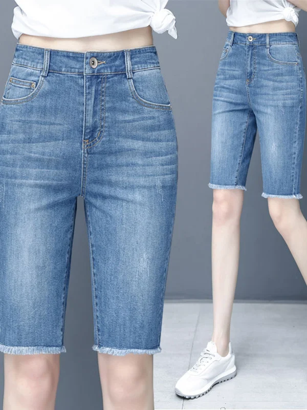 

High Waist Five-Quarter Slim Fit Denim orts Women's Summer Thin Riding Pants Cotton Polyester Spandex Blend Cool Feeling