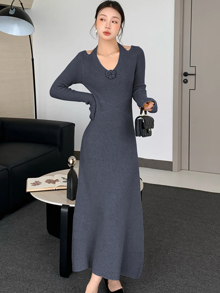 2025 핑크 니트 긴팔 빈티지 브이넥 드레스 가을 겨울 우아한 캐주얼 스웨터 드레스 여성 한국 바디콘 프로모션 드레스