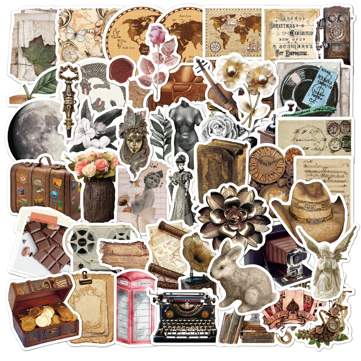 50Pcs Vintage Coffee Sticker Set Waterproof Removable PVC European Retro Architecture Stickers for Scrapbooking Decoration