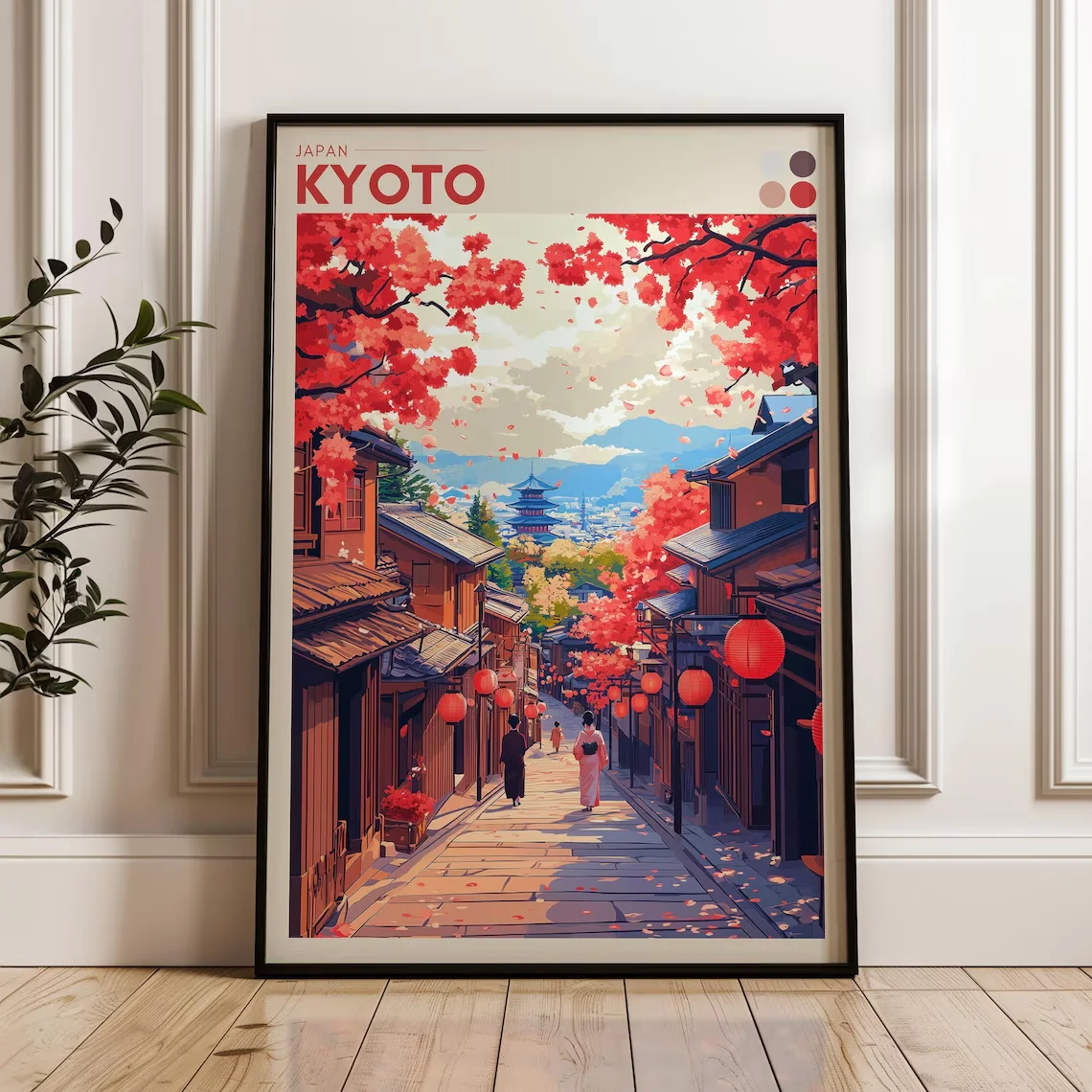 Herbstliches Kyoto-Straßen-Reiseplakat als Wanddekoration – Lebendige Illustration einer traditionellen Kyoto-Straße mit roten Ahornblättern