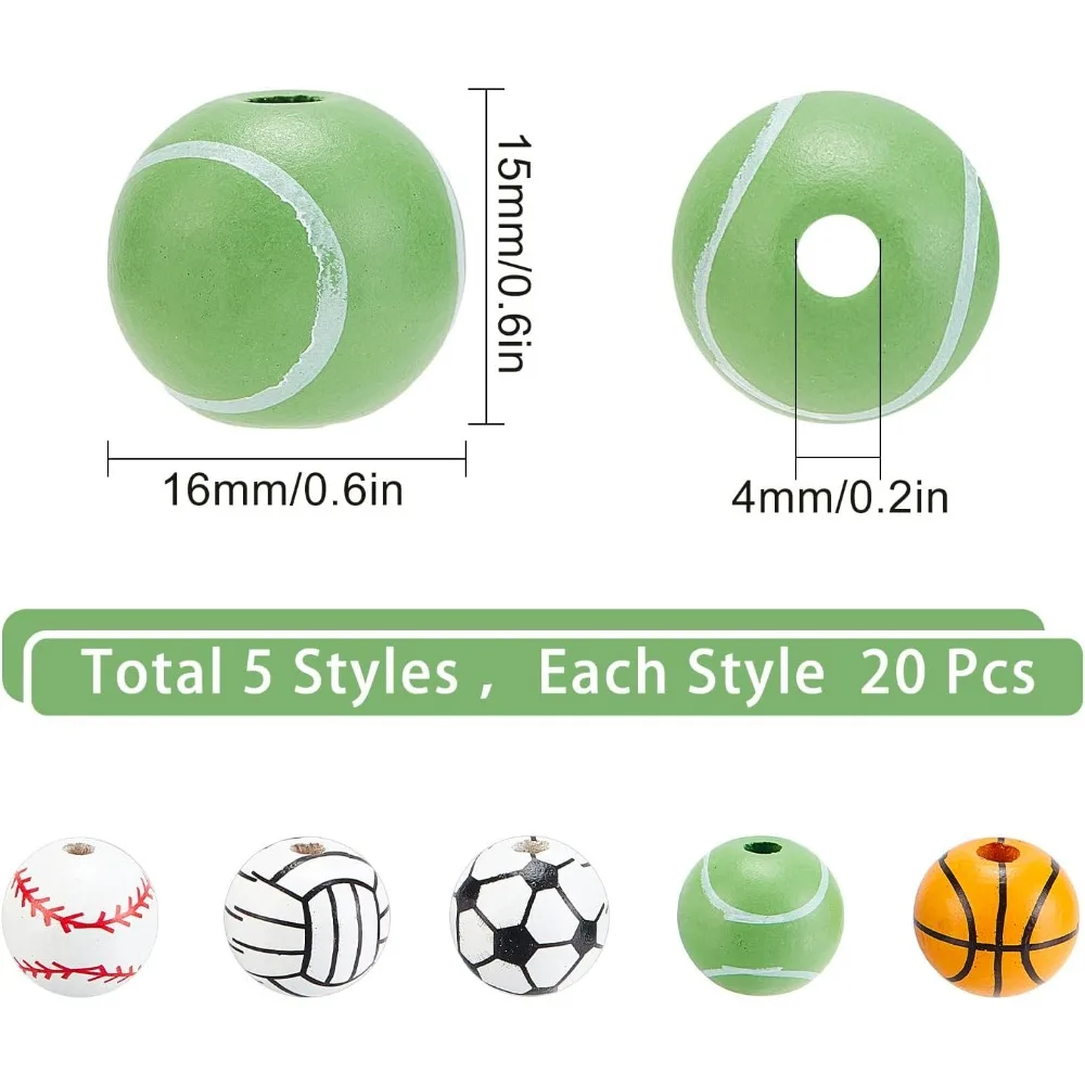 5 Styles Sport Beads Wood Beads Garland Sports Ball Bead 16mm Natural Wooden Beads Football Basketball Baseball making kit