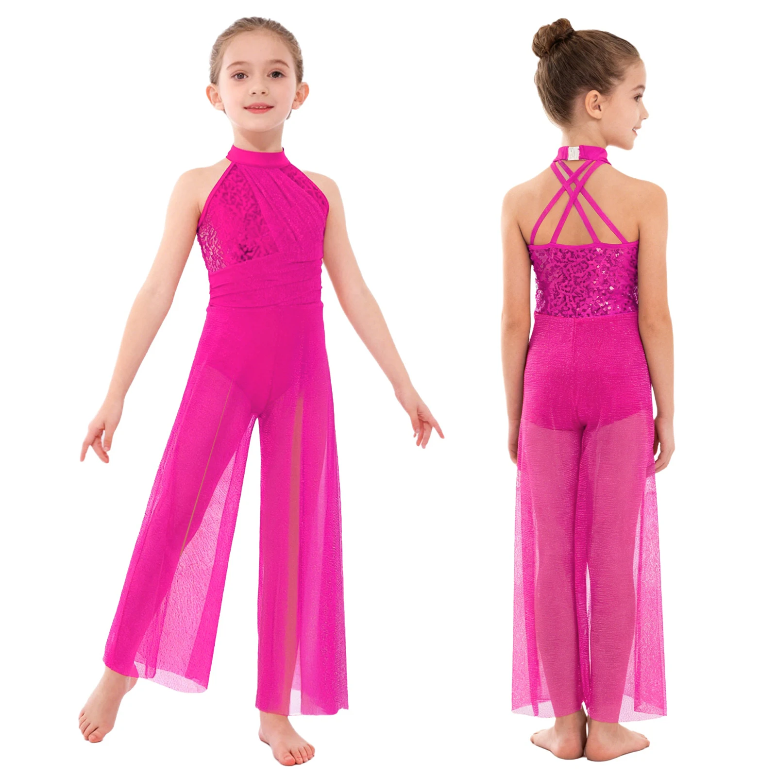 Kinderen meisjes moderne lyrische dans jumpsuit mouwloos glanzende pailletten mesh split ballet kunstschaatsen gymnastiek turnpakje bodysuit