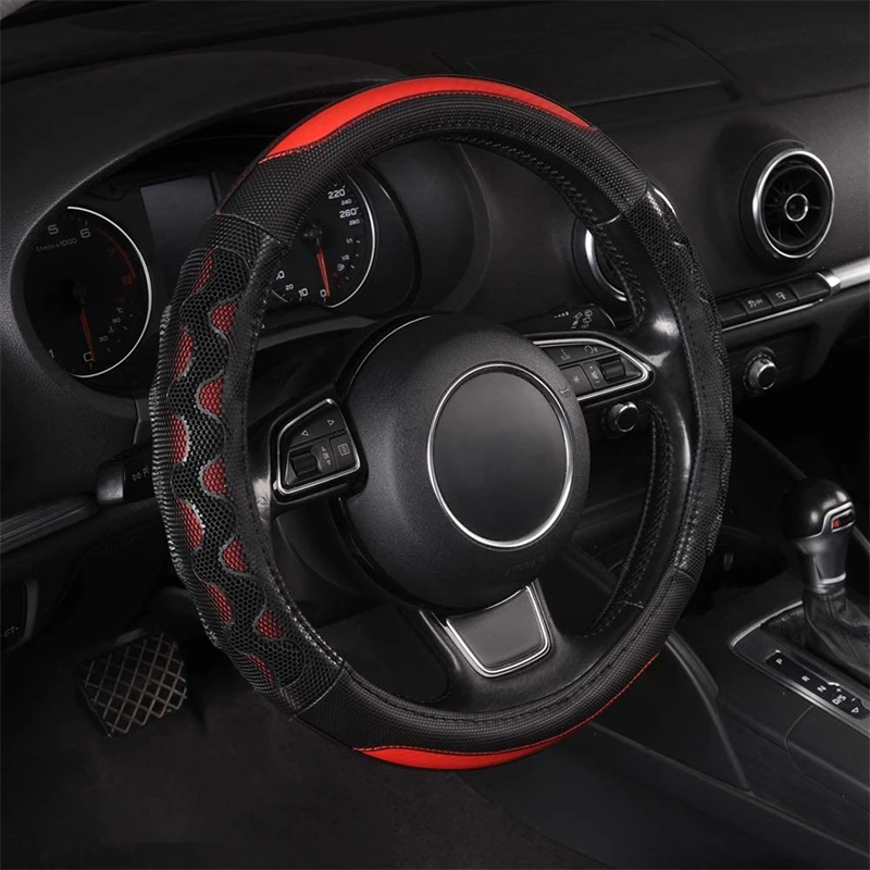 Sporty Racing Style Car Steering Wheel Cover Universal Fit 37-38CM Antiskid Breathable Grip Honeycomb Design