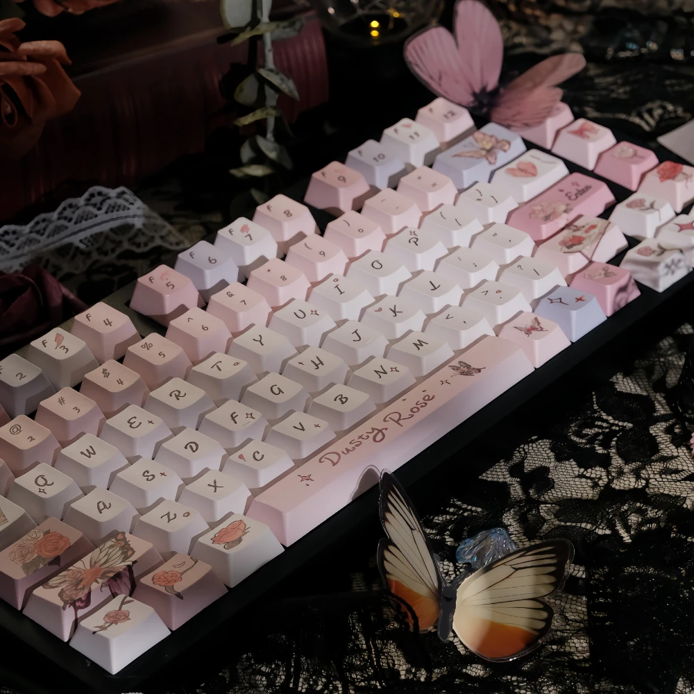 

Rose Butterfly Keycap Cherry PBT Full Five-sided Sublimation Retro Pink Keycaps 142 Keys Romantic French Hand-painted Key Caps