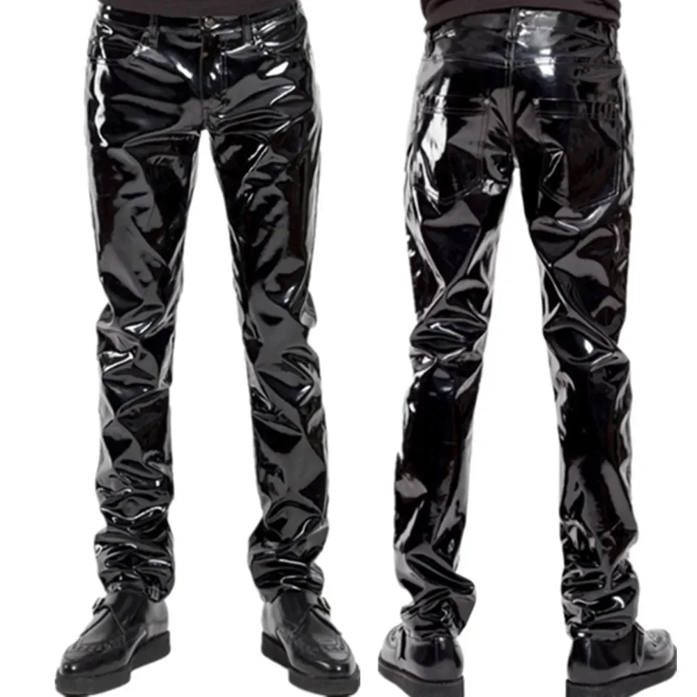 Men's Shiny Leather Straight Pants Skinny Fashion Wetlook Latex Trousers Nightclub Party & Dance Pants