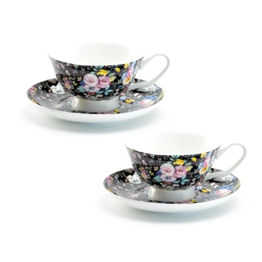 Juego de 2 tazas de té y platillos Gracie Bone China Black Petite Rose de 8 onzas