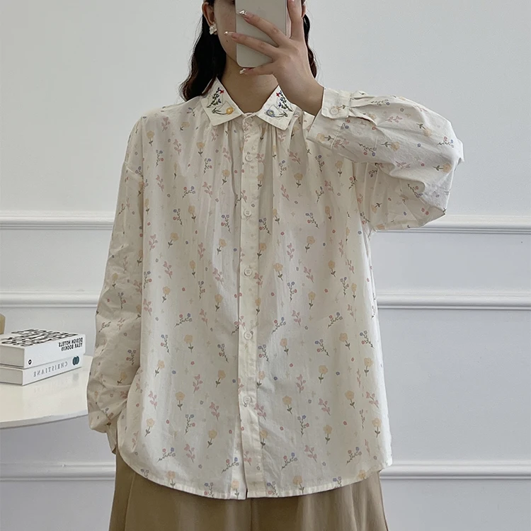 New Summer Cotton Long Sleeve Shirt Lapel Embroidery Tops Mori Girl Casual Loose Preppy Style Sweet Blouse 2024 Autumn T47351QC