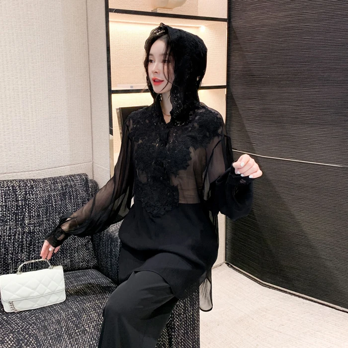 

Elegant Vintage Lace Hooded Silk Long Sleeve Shirt Transparent Seductive Alluring 3D Lace High End Black Real Silk Shirt