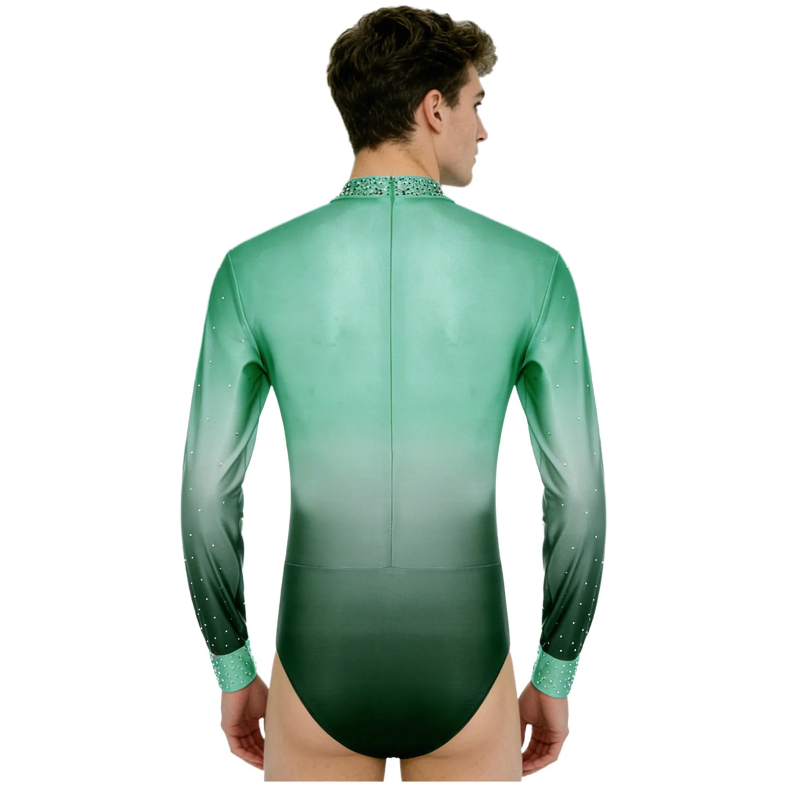 Mens Gymnastic Skating Latin Tango Ballroom Dance Leotard Costume Sheer Mesh Sparkly Rhinestone Disco Bodysuit Shirts Rompers