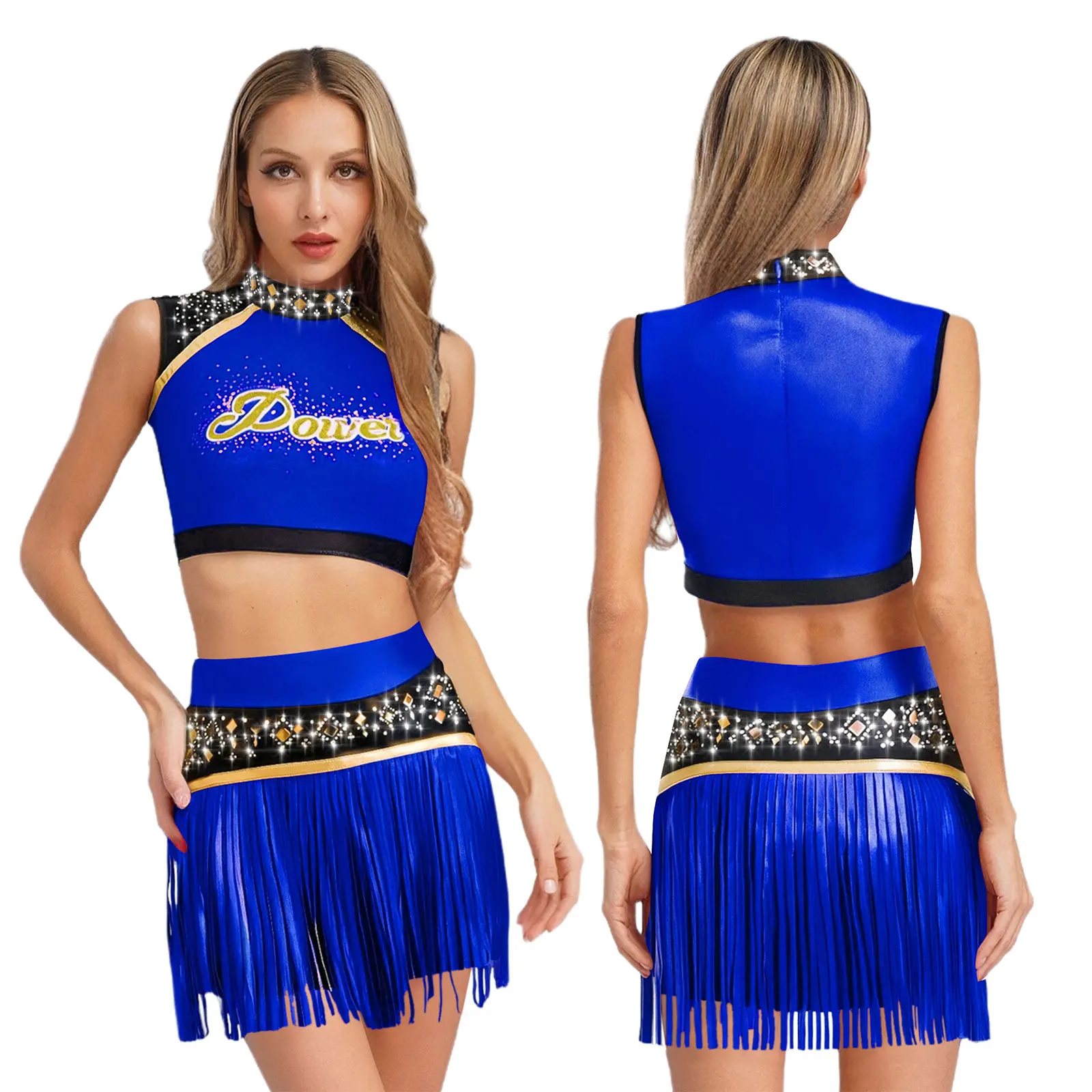 

Women Shiny Sleeveless Tank Top And Tassels Skirt Shorts Dance Set for School Basketball Competition Cheering Applaud Costumes